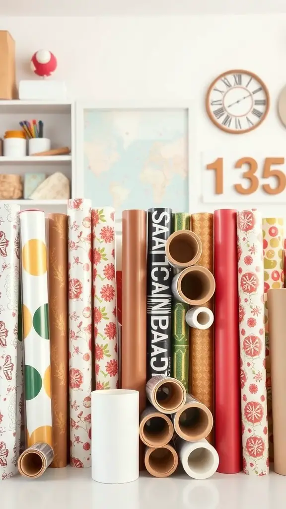 Colorful wrapping paper rolls stored in plastic tubes
