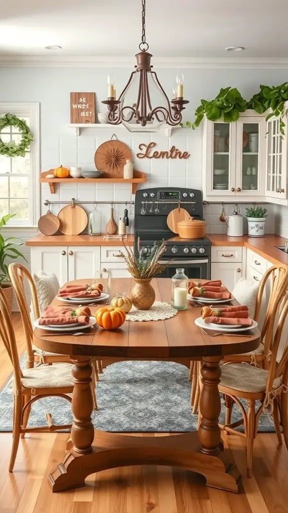 25+ Stunning Kitchen Table Decor Ideas to Elevate Your Space 12 A beautifully decorated kitchen table with natural elements and a cozy atmosphere.