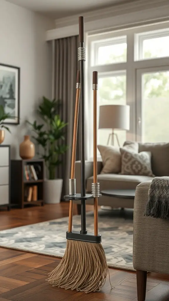 A stylish decorative broom holder displaying a broom and mop in a modern living room