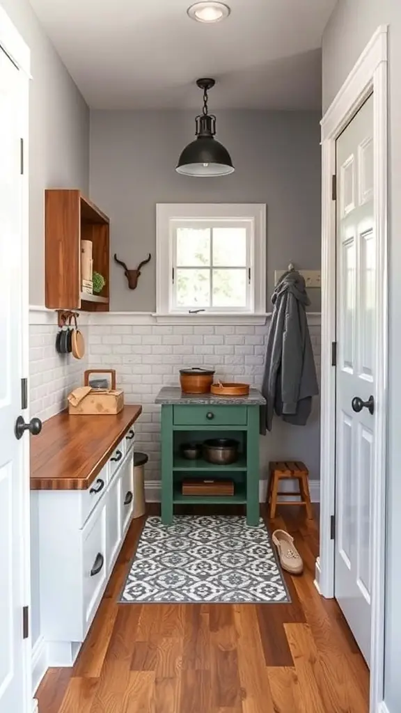 A small mudroom featuring hardwood flooring, a patterned rug, and stylish decor.