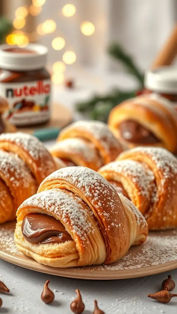 A plate of Nutella-stuffed croissants dusted with powdered sugar, with a jar of Nutella in the background.