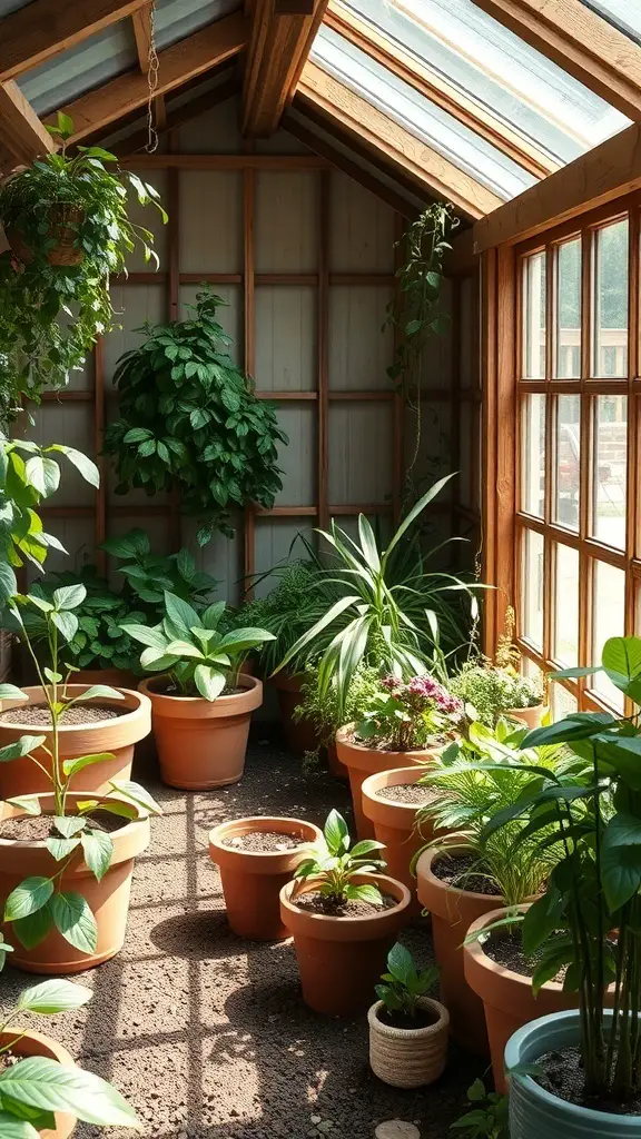 Indoor garden space in a shed with various potted plants and a glass roof.
