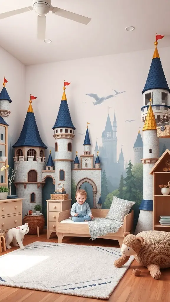 A toddler boy's room featuring castle-themed decor with a cozy bed and playful stuffed animals.