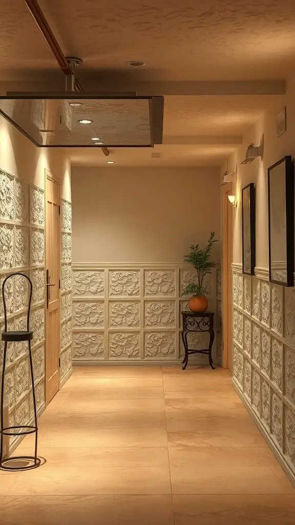 A hallway featuring textured wall panels, a smooth ceiling, and stylish decor.