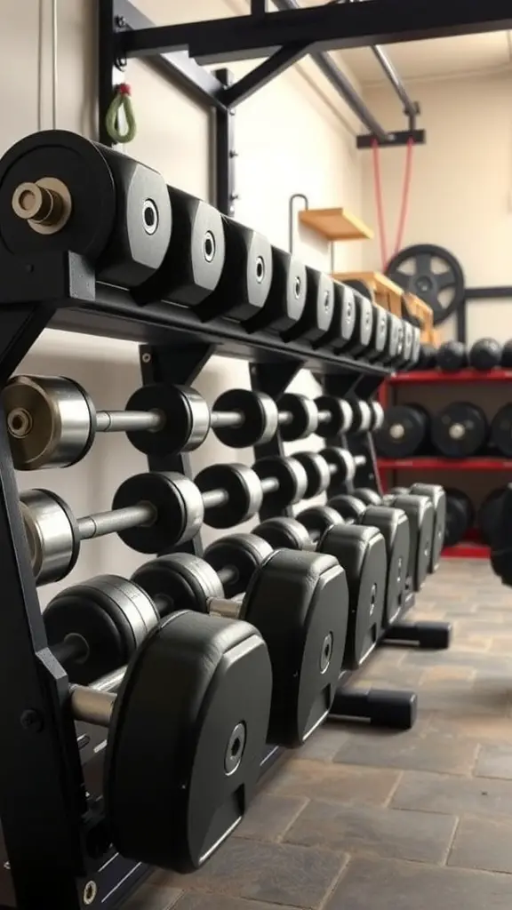 27+ Inspiring Half Garage Gym Ideas for Your Home Workout Space 4 A well-organized adjustable dumbbell rack in a garage gym setting.