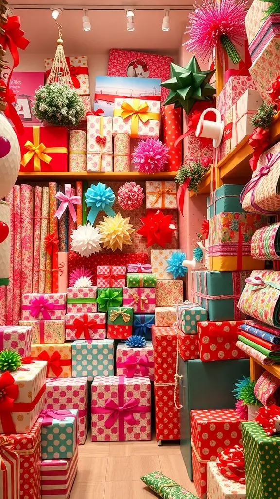27+ Stunning Christmas Shop Decorations You Need This Season 14 A colorful gift wrapping station filled with wrapped presents, rolls of wrapping paper, and decorative bows.