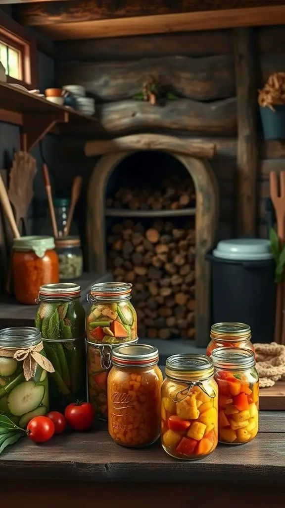 27+ Stunning Off-Grid Cabin Ideas for Your Dream Retreat 14 Jars of preserved vegetables and fruits in a cozy cabin kitchen