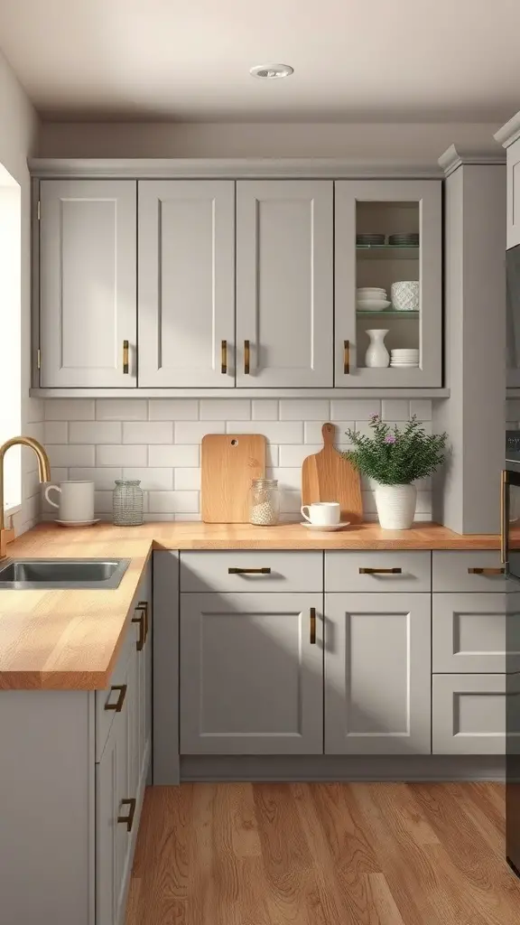 A cozy kitchen featuring taupe cabinets and natural wood accents, including a wooden countertop and decor.