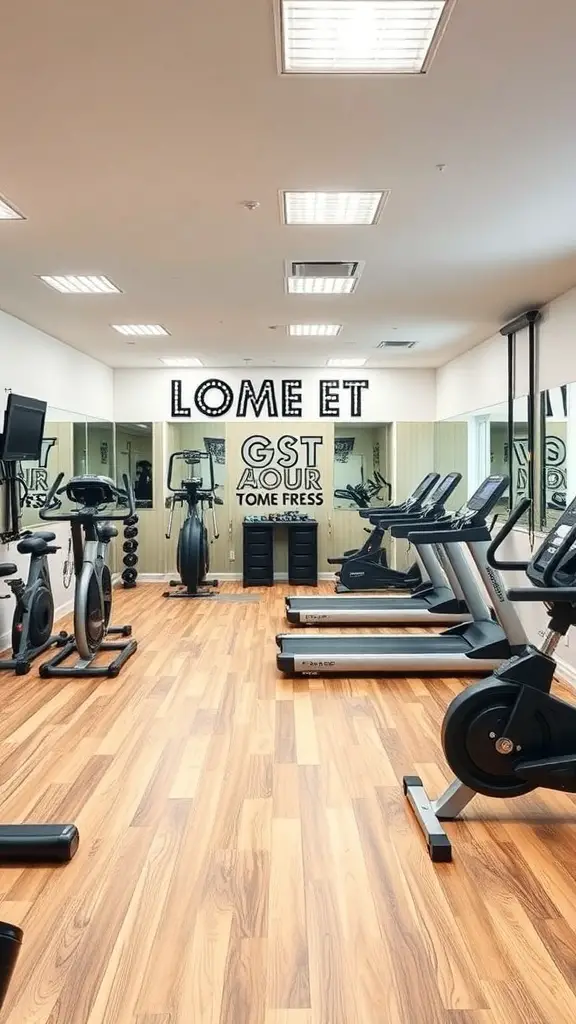 29+ Creative Basement Remodeling Ideas to Transform Your Space 9 A modern home gym with various exercise equipment and wooden flooring.