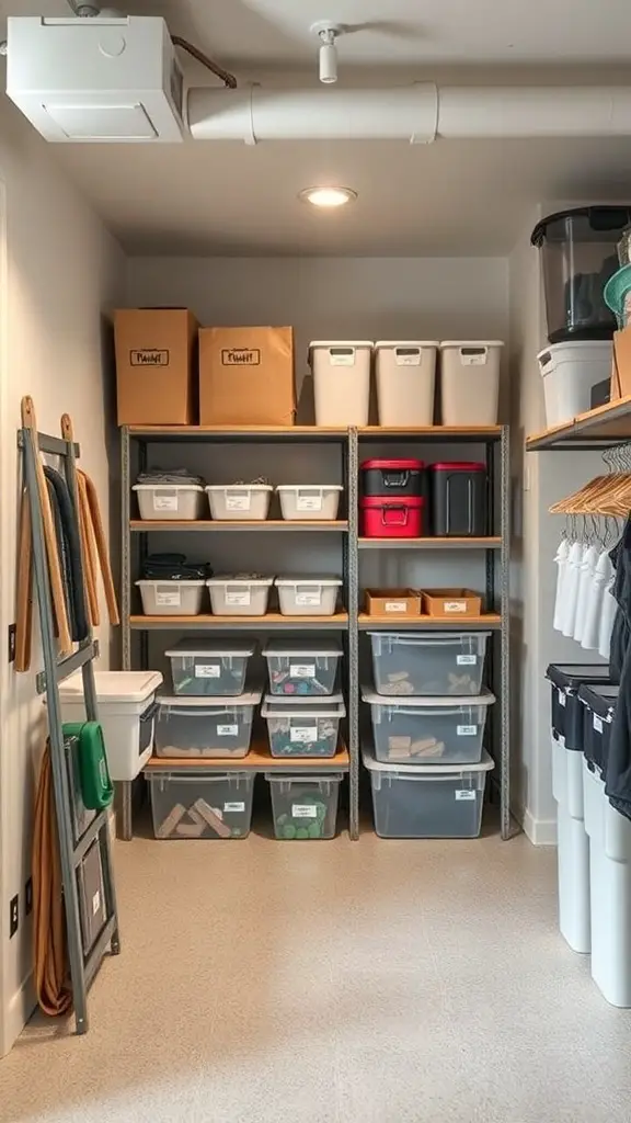 Organized basement storage with shelves and clear bins