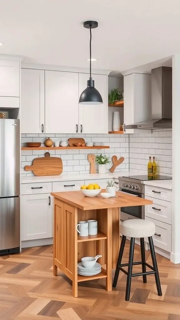 A modern kitchen featuring a multi-functional corner cabinet with a wooden island and open shelving.