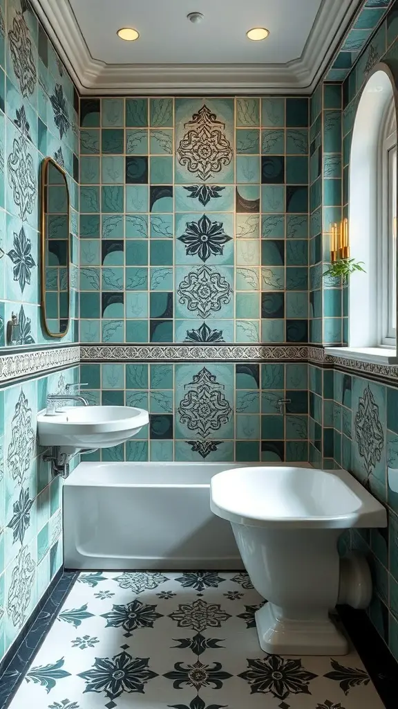 Art Deco inspired bathroom with teal and black patterned tiles