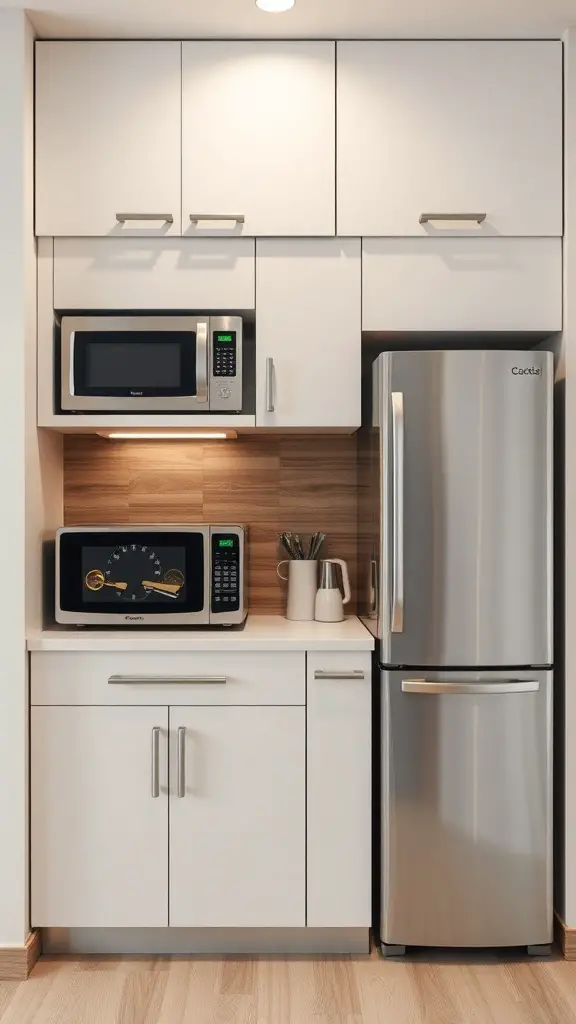 A compact kitchenette featuring integrated appliances including a refrigerator and microwave with modern cabinetry.