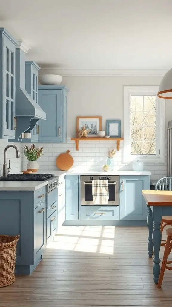 29+ Stunning Blue Gray Kitchen Cabinets to Transform Your Space 13 A bright kitchen featuring blue-gray cabinets, light wood flooring, and coastal decor.