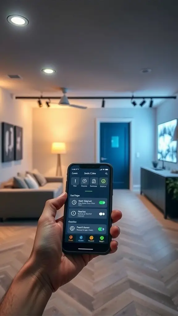 A hand holding a smartphone displaying a smart lighting app in a stylish basement.