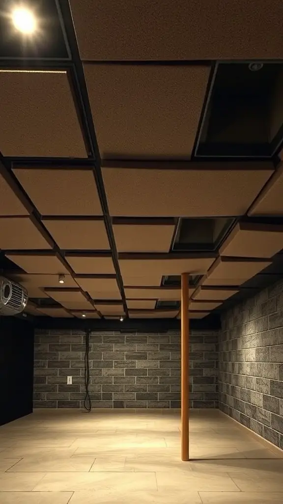 Exposed basement ceiling with acoustic panels and a modern design