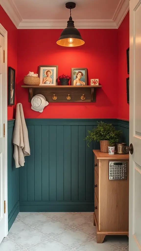 A small mudroom featuring a bright red accent wall with teal wainscoting, wooden shelf, and decorative items.