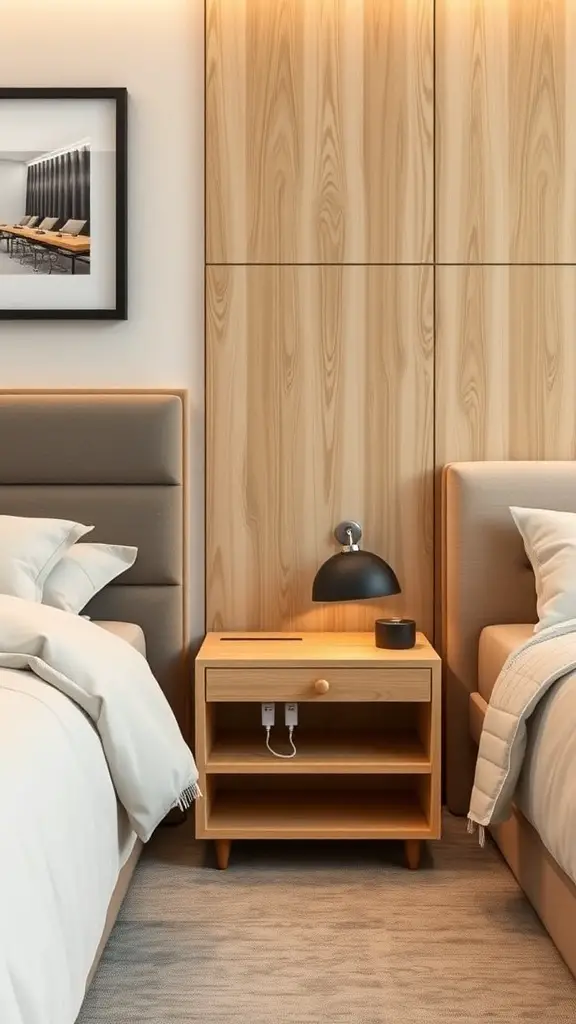 27+ Creative Bedside Table Ideas to Transform Your Bedroom 3 A wooden multi-functional bedside table with a lamp and charging ports, placed between two beds.