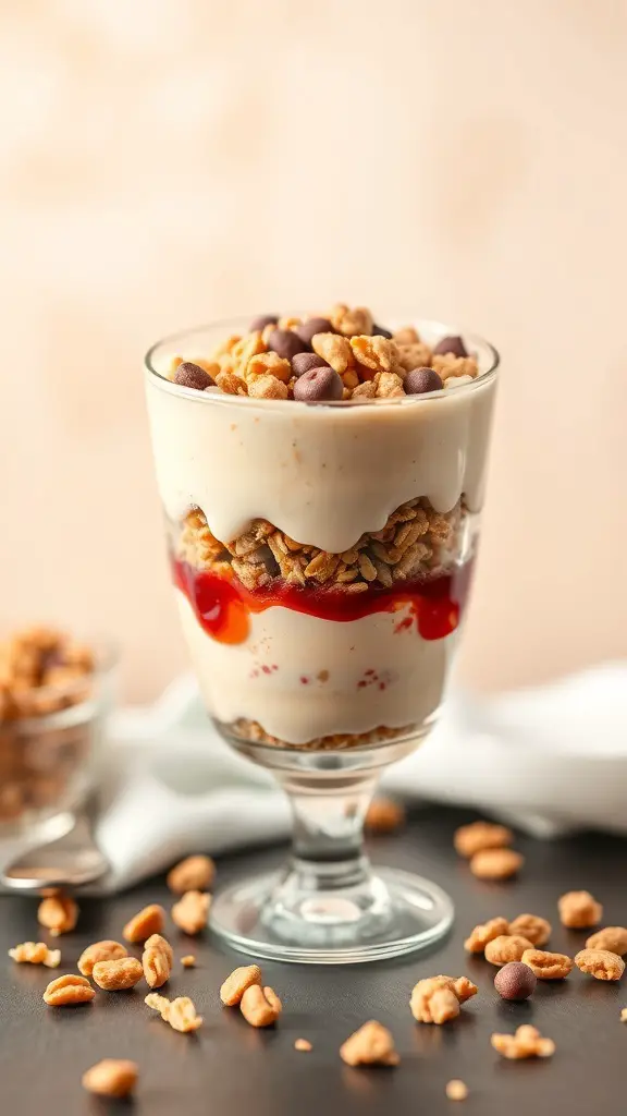 A delicious Peanut Butter and Jelly Parfait in a glass, layered with yogurt, jelly, granola, and topped with chocolate chips.