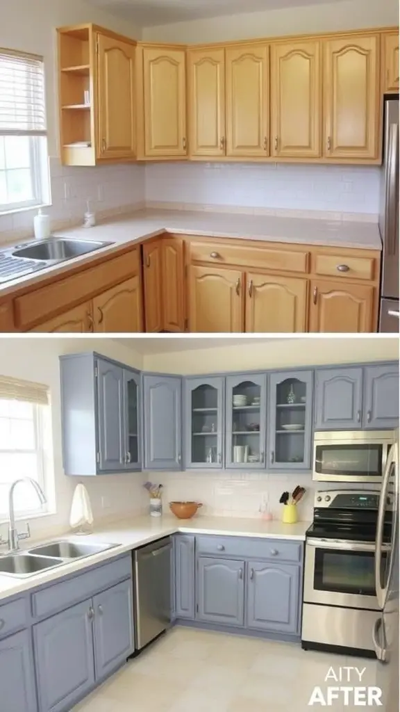 25+ Stunning Painted Kitchen Cabinet Ideas to Transform Your Space 2 Before and after image of kitchen cabinets showing a transformation from light to dark wood.