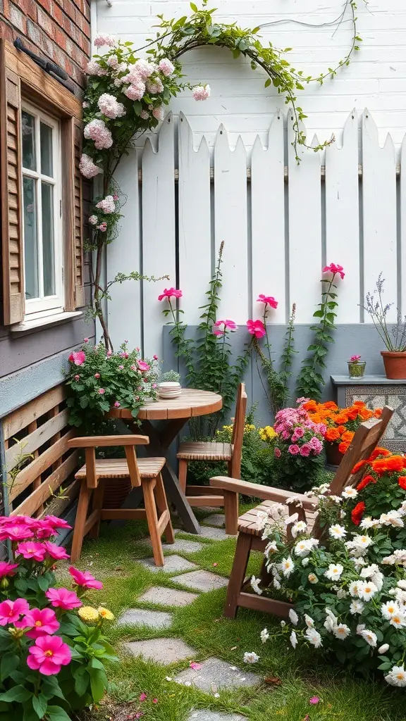 Cozy rustic wooden garden furniture surrounded by colorful flowers and greenery.