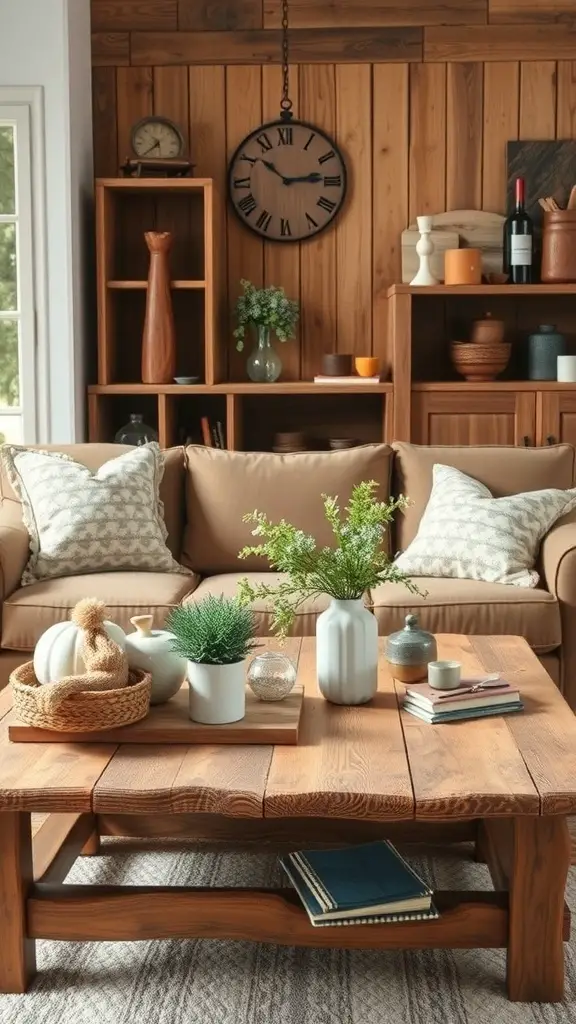 A cozy living room featuring a wooden coffee table, soft cushions, and rustic decor elements.