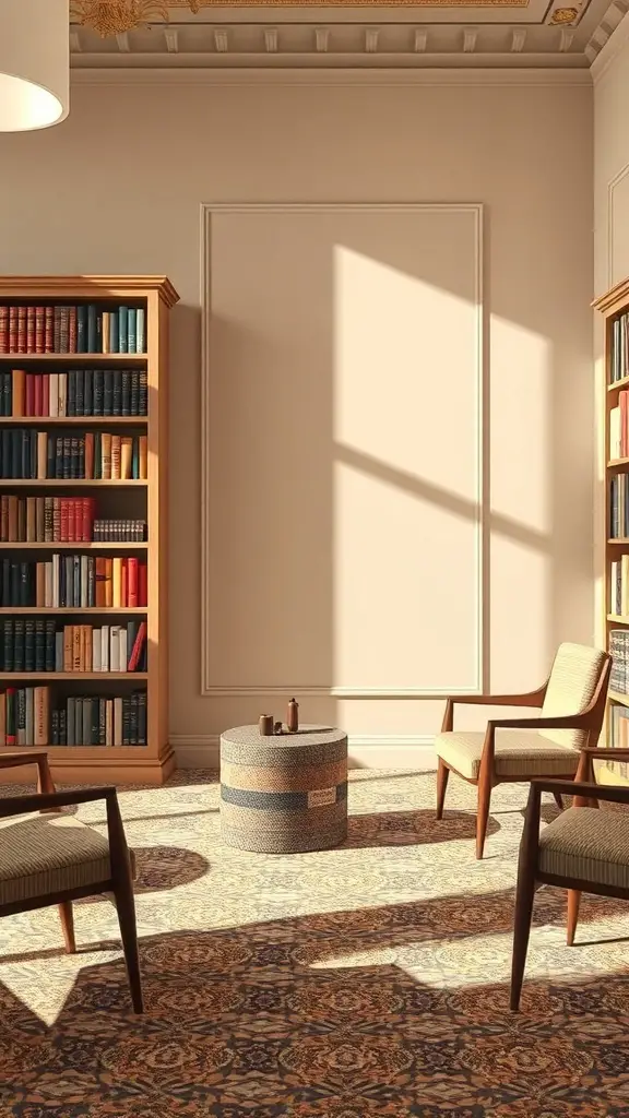 29+ Stunning Ralph Lauren Library Designs You’ll Love 3 A cozy library with wooden bookshelves, a patterned rug, and comfortable chairs bathed in natural light.