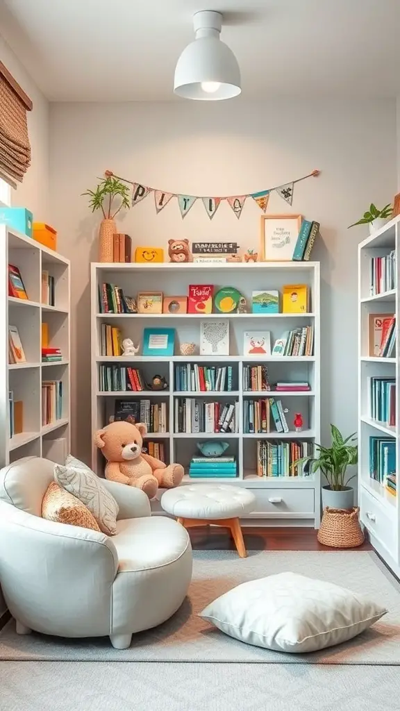 Cozy reading nook for toddlers with a soft chair, colorful bookshelves, and a teddy bear.