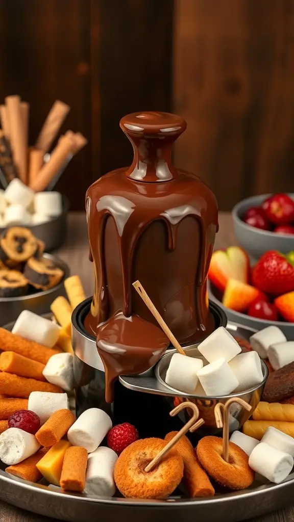 25+ Stunning Christmas Food Table Displays for Your Holiday Feast 13 A chocolate fondue fountain surrounded by various dippable treats like fruits, cookies, and marshmallows.
