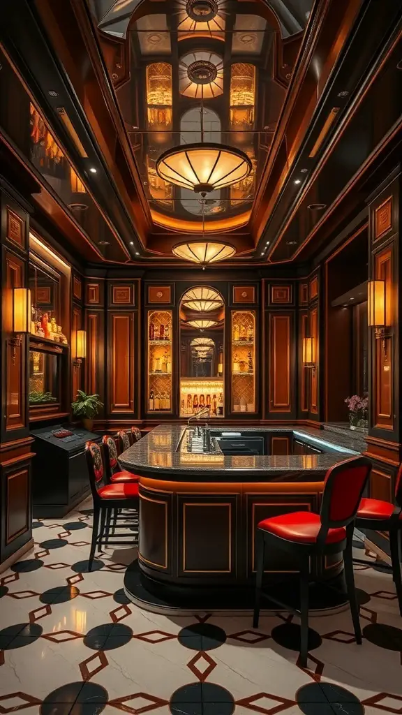 An elegant Art Deco style bar featuring dark wood paneling, a sleek black countertop, and plush red seating.