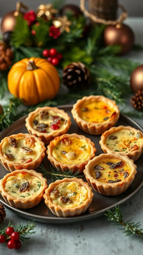 An assortment of mini quiches on a plate, surrounded by festive decorations.