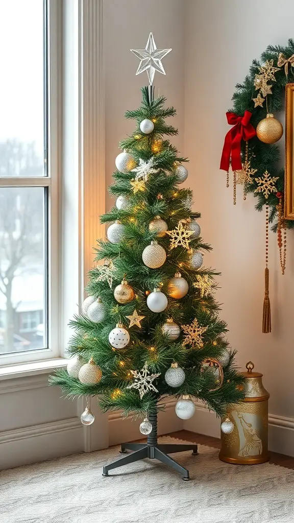 A beautifully decorated small Christmas tree with crystal ornaments and lights.