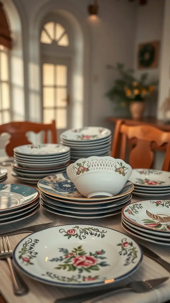 29+ Stunning Dining Room Table Decor Ideas 15 A collection of beautifully stacked plates with floral designs and a decorative bowl on top, set on a dining table.