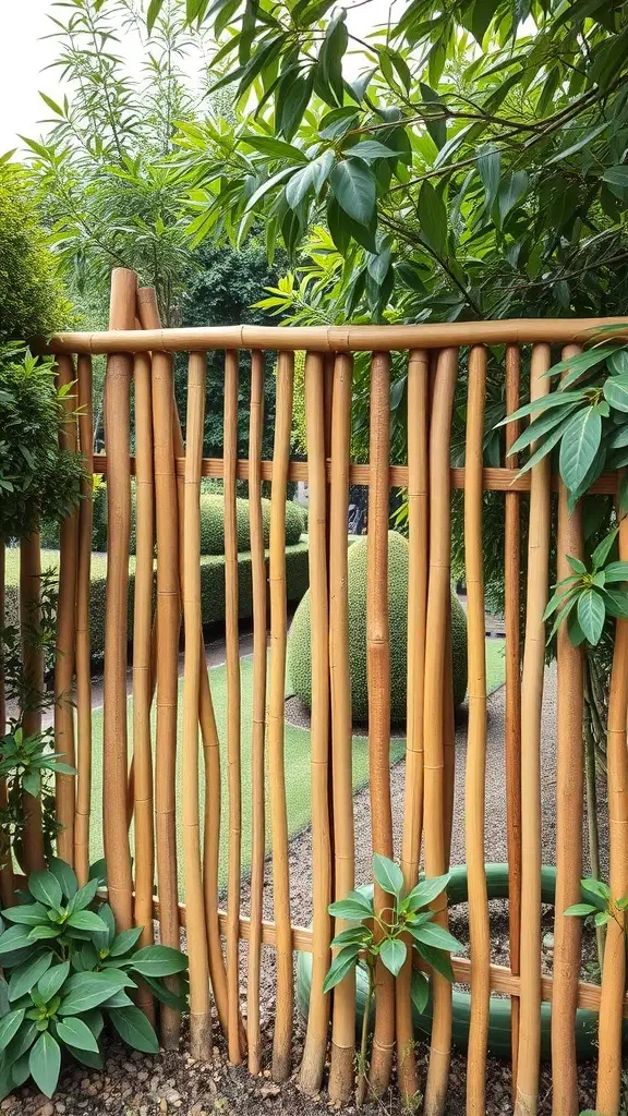 29+ Stunning Garden Border Ideas to Transform Your Outdoor Space 2 A natural bamboo fence surrounded by green plants in a garden.