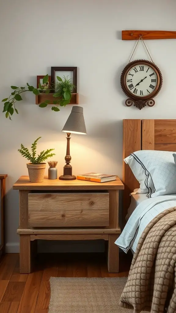 27+ Creative Bedside Table Ideas to Transform Your Bedroom 13 Rustic farmhouse bedside table with lamp, plant, and books