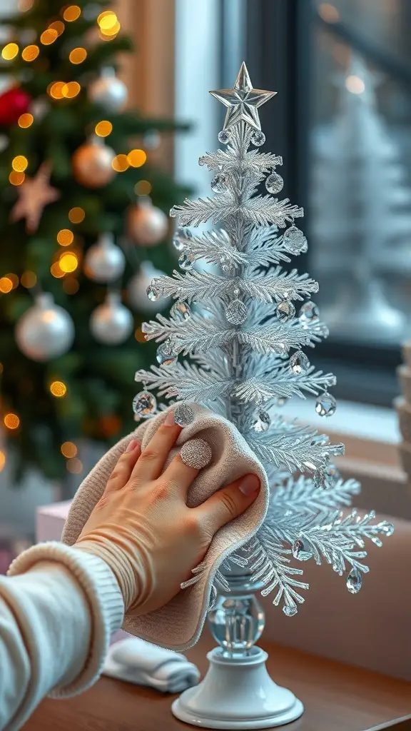 A person cleaning a crystal Christmas tree with a soft cloth.