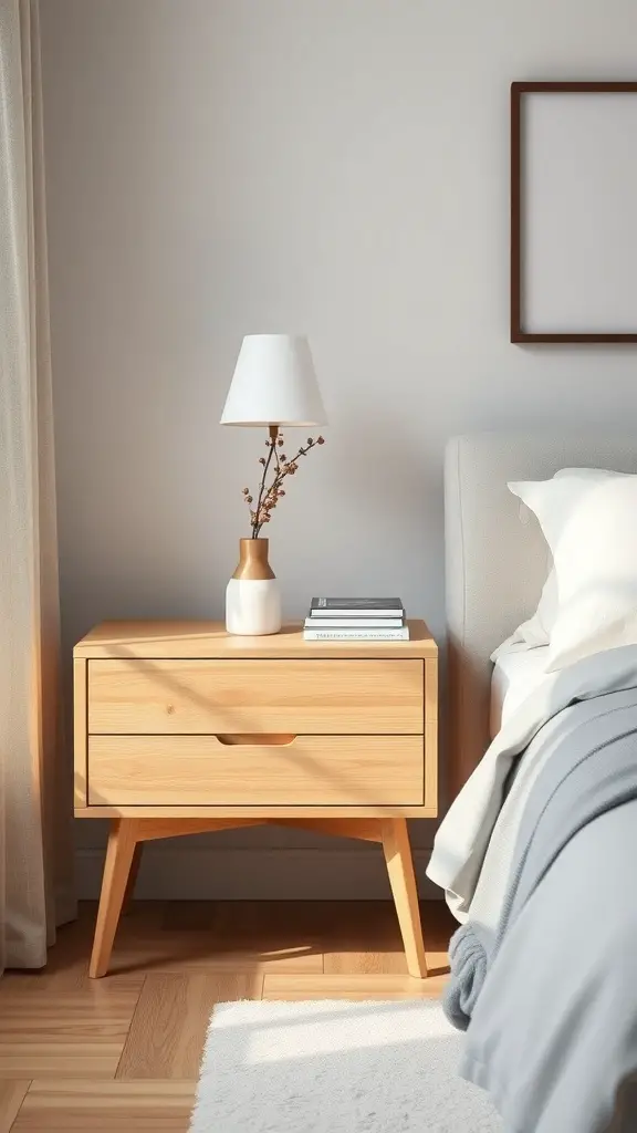 27+ Creative Bedside Table Ideas to Transform Your Bedroom 9 A minimalist Scandinavian bedside table with a lamp, vase, and books.