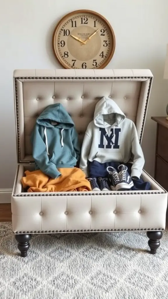 A stylish storage ottoman with hoodies inside, showcasing a tufted design and a spacious interior.