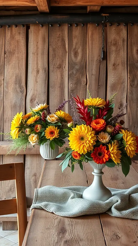 29+ Rustic Christmas Table Décor Ideas for a Cozy Holiday Celebration 14 Two vibrant floral arrangements on a rustic wooden table, featuring sunflowers and roses.