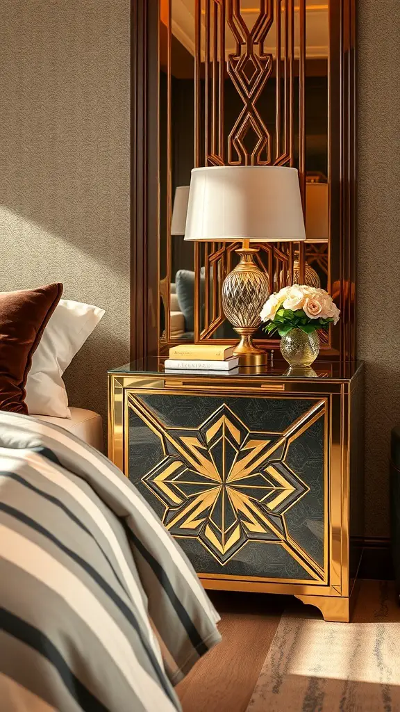 27+ Creative Bedside Table Ideas to Transform Your Bedroom 2 A stylish Art Deco bedside table with geometric patterns, a lamp, and flowers.