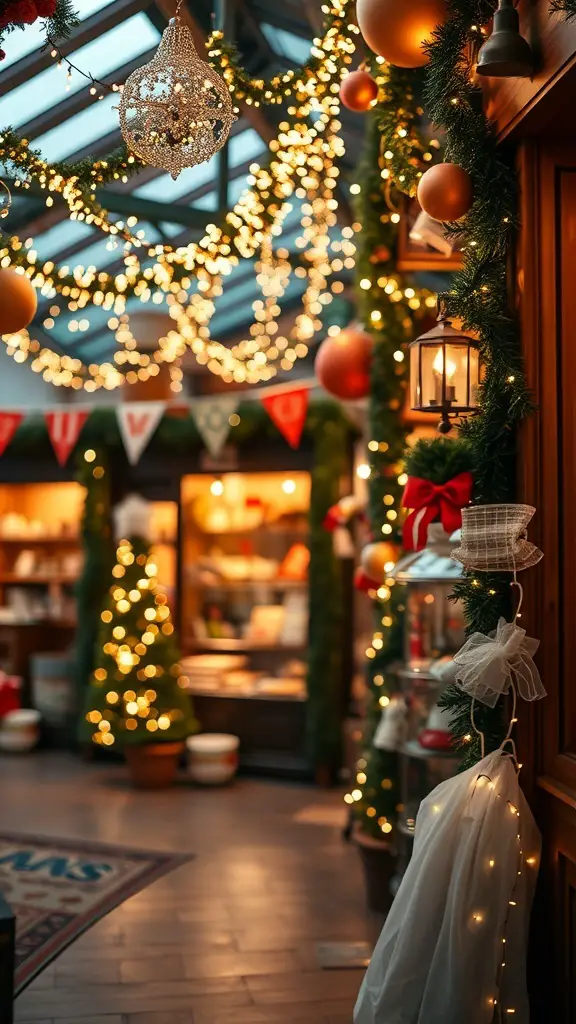 27+ Stunning Christmas Shop Decorations You Need This Season 8 A beautifully decorated shop with twinkling fairy lights, ornaments, and a Christmas tree, creating a festive atmosphere.