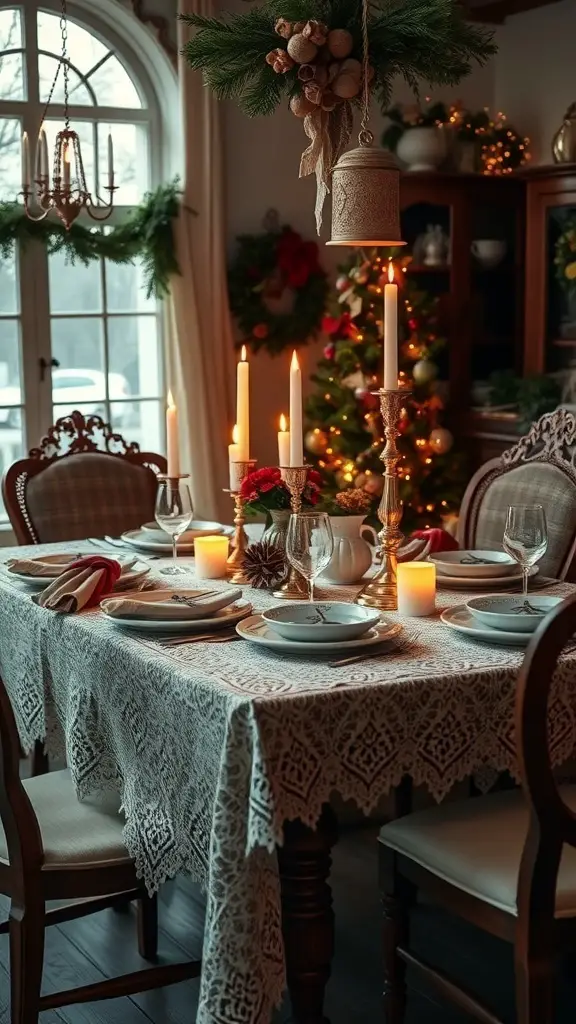 A vintage Christmas dinner table with a lace tablecloth, candles, and festive decorations.