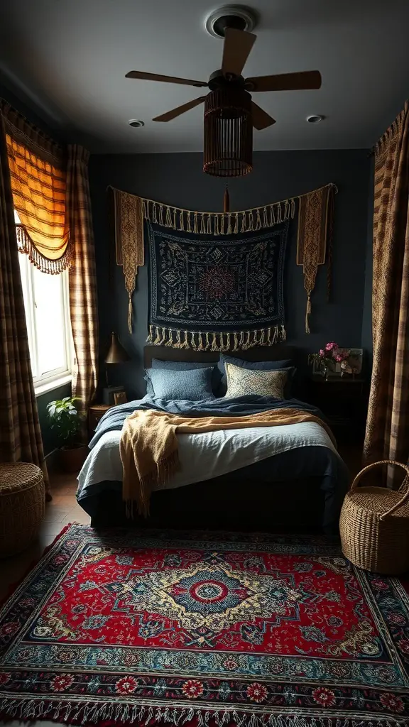 31+ Dark Boho Bedroom Ideas 5 A dark bohemian bedroom featuring layered textiles, a colorful rug, and artistic wall hangings.