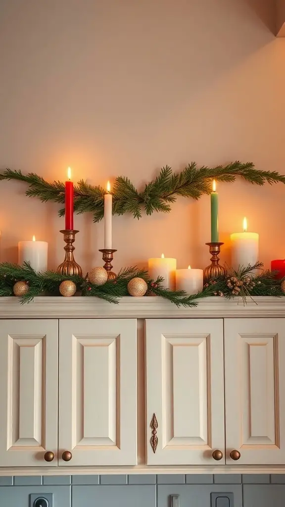 29+ Creative Christmas Decor Ideas for Above Kitchen Cabinets 4 A festive candle arrangement above kitchen cabinets with red, white, and green candles, surrounded by greenery and gold ornaments.