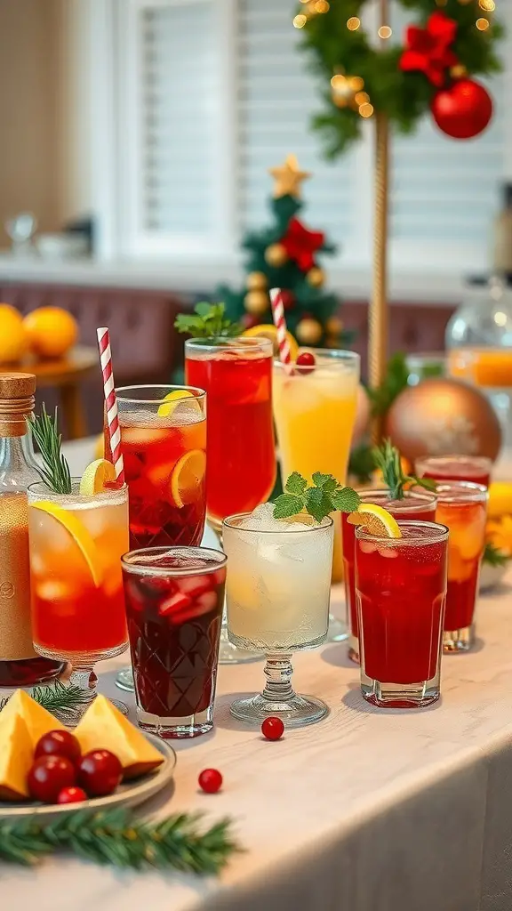 27+ Stunning Christmas Buffet Table Decor Ideas 16 A colorful beverage station featuring various holiday drinks in festive glasses.