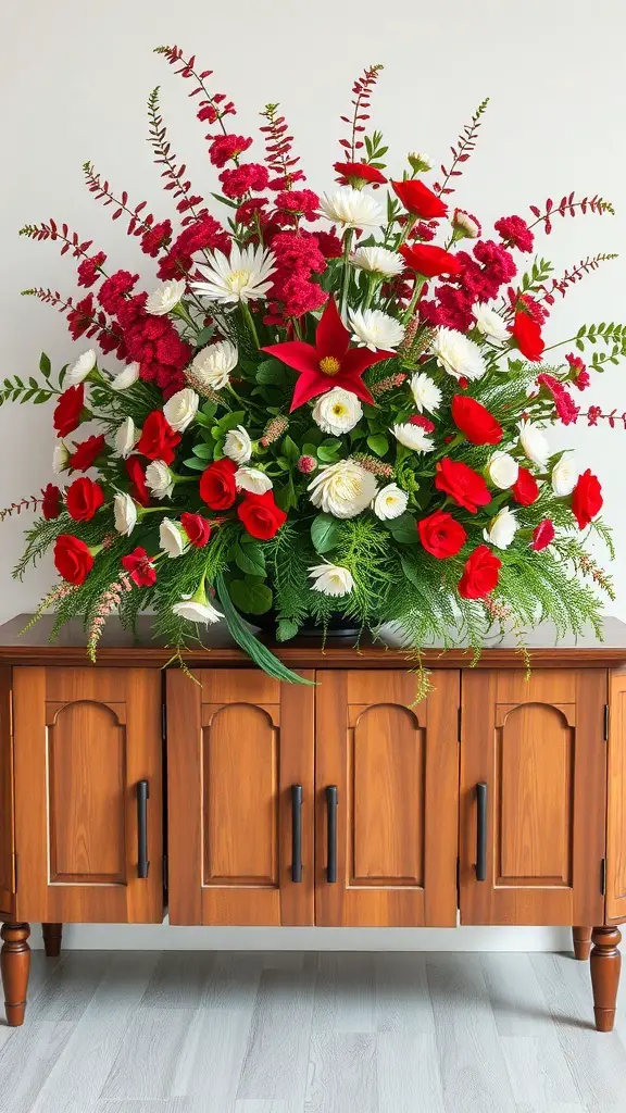 23+ Beautiful Christmas Sideboard Decor Ideas to Transform Your Home 8 A vibrant floral arrangement featuring red roses, white daisies, and greenery on a wooden sideboard.