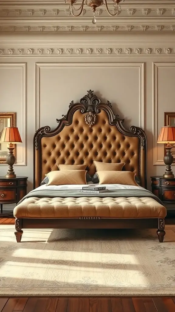 29+ Stunning Upholstered Beds for a Cozy Bedroom Makeover 2 Classic tufted upholstered bed with ornate headboard and warm tones