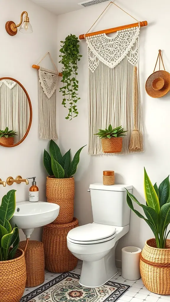 A boho bathroom featuring macrame wall hangings, woven baskets, and plants.