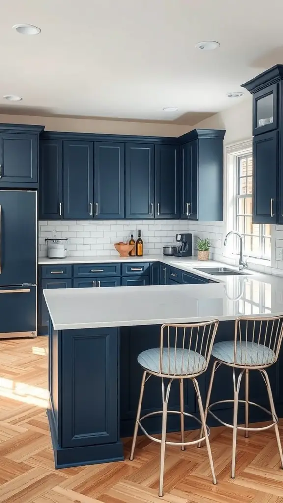 27+ Stunning Dark Blue Kitchen Cabinet Ideas for a Stylish Upgrade 4 A modern kitchen featuring dark blue cabinets and light countertops, creating a stylish contrast.