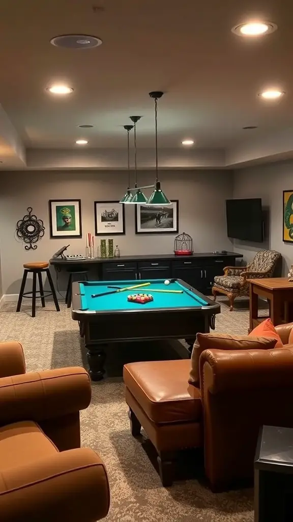 Cozy basement family room with a pool table and comfortable seating.